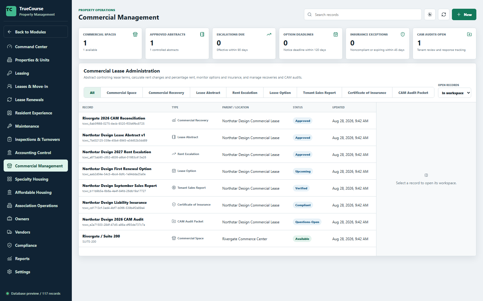 Property Management workspace showing commercial operations, records, status, and navigation.